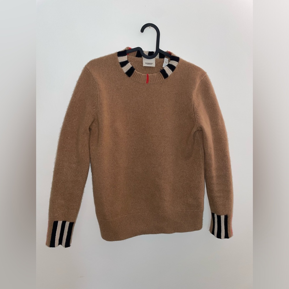 BURBERRY Icon Stripe EYRE Sweater in Archive Beige Cashmere Small Check Trim XS